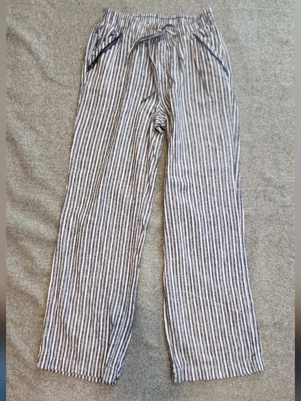 Briggs Linen Blend Striped Pants Women’s Size S | Navy White Pull‑On | 28.5” Ins